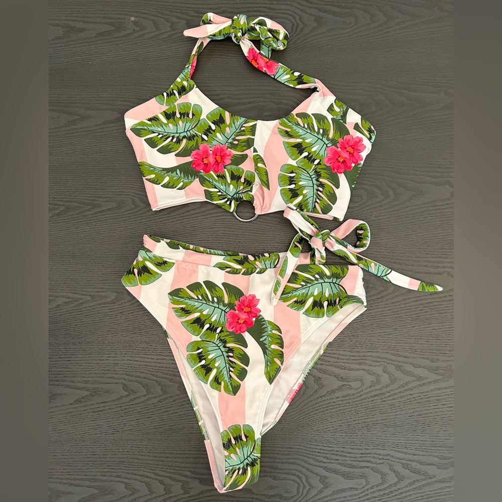 Lovers + Friends Pink and Green Palm Bikini Set